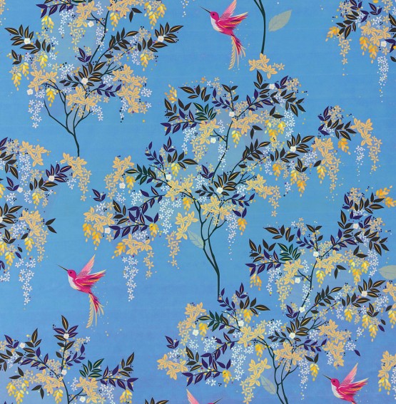 Hummingbird Cornflower Blue Velvet Fabric