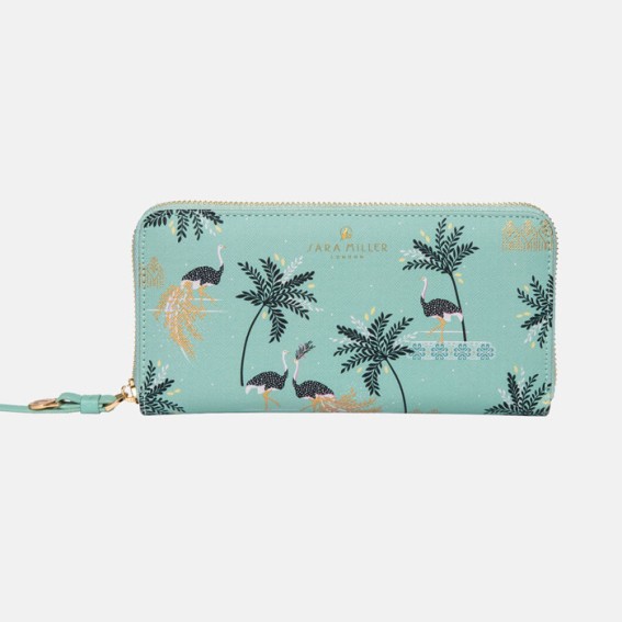 Mint Ostrich & Palms Large Zip Purse