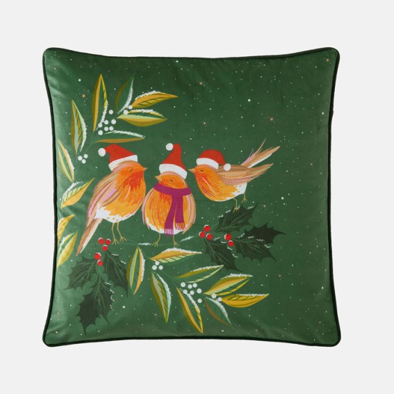 Moss Green Robin Chorus Velvet Cushion