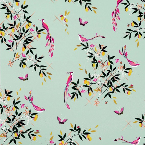 Bird and Trellis Duck Egg Sateen Fabric