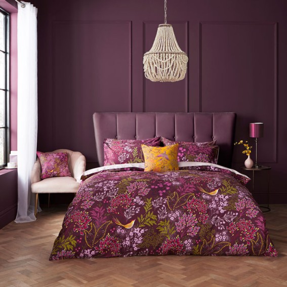 Plum Songbird Super King Duvet Cover and Pillowcase Set