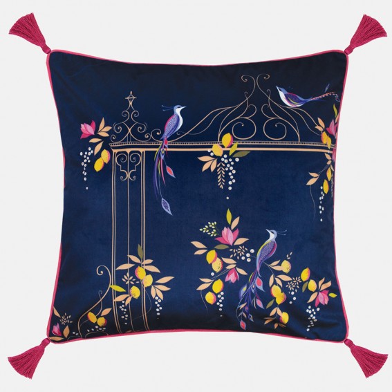 Navy Orchard Birds & Gate Feather Filled Cushion