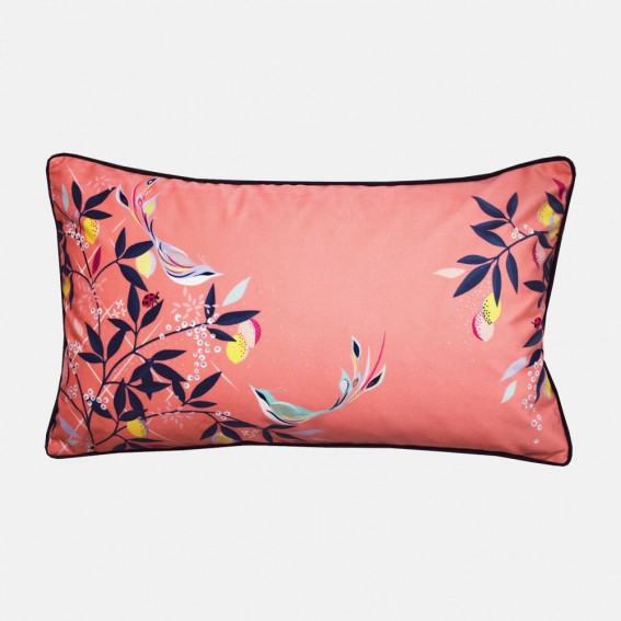 Coral Orchard Birds Feather Filled Cushion