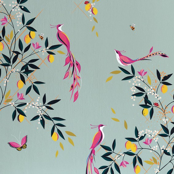 Orchard Birds Duck Egg Wallpaper SAMPLE