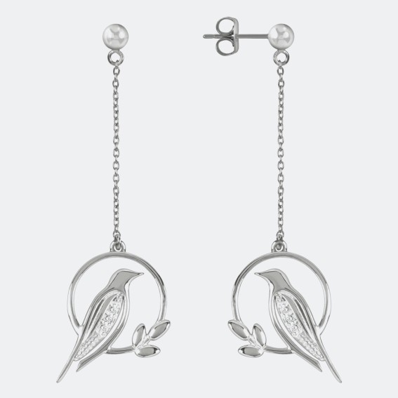 Genuine Diamond Bird Silver Drop Earrings