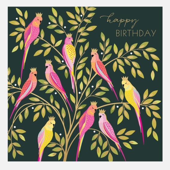 Parrots in Crowns Happy Birthday Card