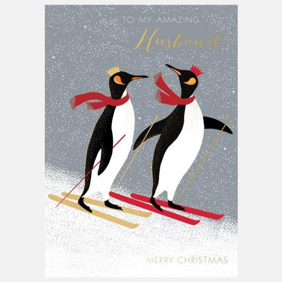 Skiing Penguins Husband Christmas Card
