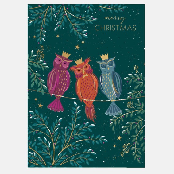Woodland Tales Owls In Crowns Christmas Card