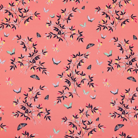 Butterflies & Trellis Peach Sateen Fabric