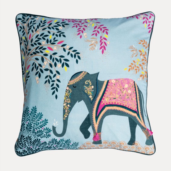 Elephant Oasis Sky Blue Embroidered Cushion