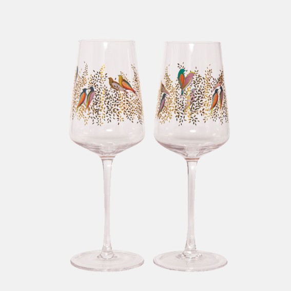 Gold Leaves & Birds Wine Glass - Set of 2